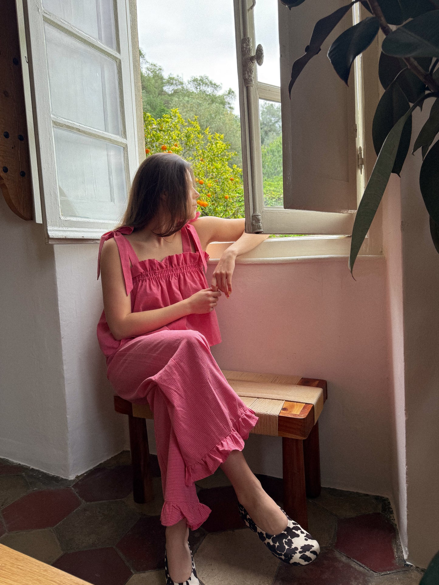 Vichy Frilled Trousers - Wild Berry