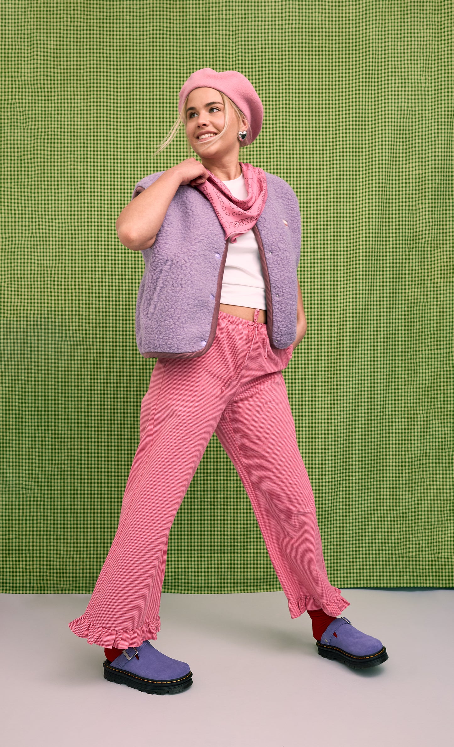 Vichy Frilled Trousers - Wild Berry